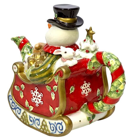 Fitz and Floyd 2005 'Frosty Folks Collection' Christmas Snowman Sleigh Teapot - Picture 4 of 11